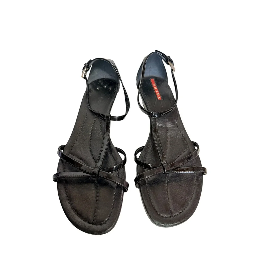 Prada Sport Black Patent Leather Strappy Wedge Sandals Y2K Minimalist size 8 - Picture 4 of 6